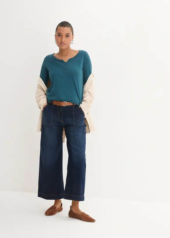 T-shirt manches longues à col boutonné, 100% coton, bonprix