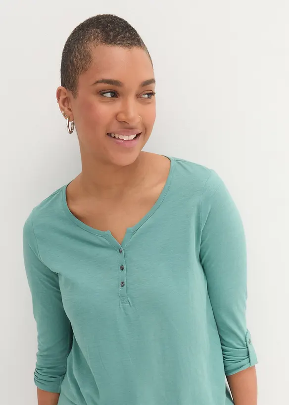 T-shirt manches longues &agrave; col boutonn&eacute;, 100% coton, bonprix