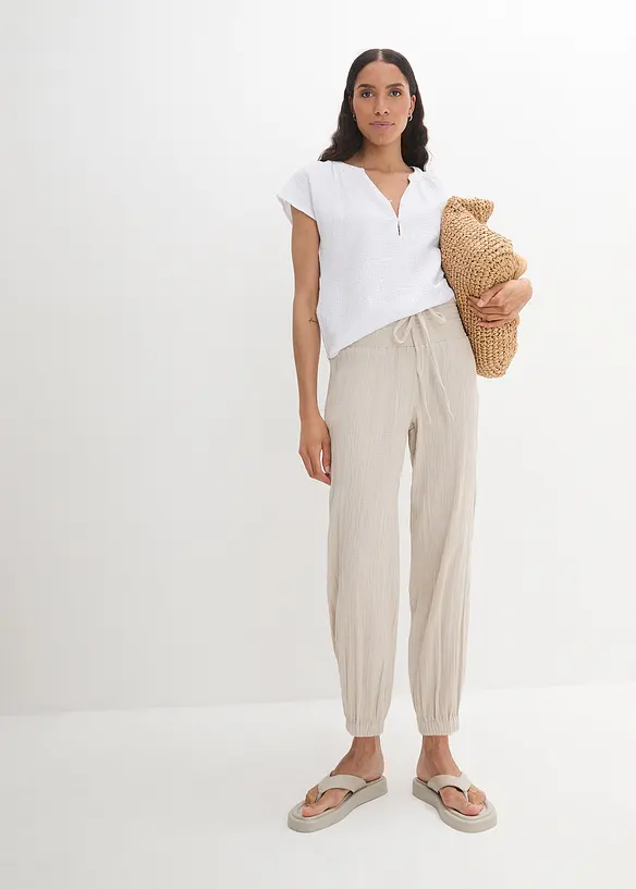 Pantalon en gaze de coton avec ceinture smockée, bonprix