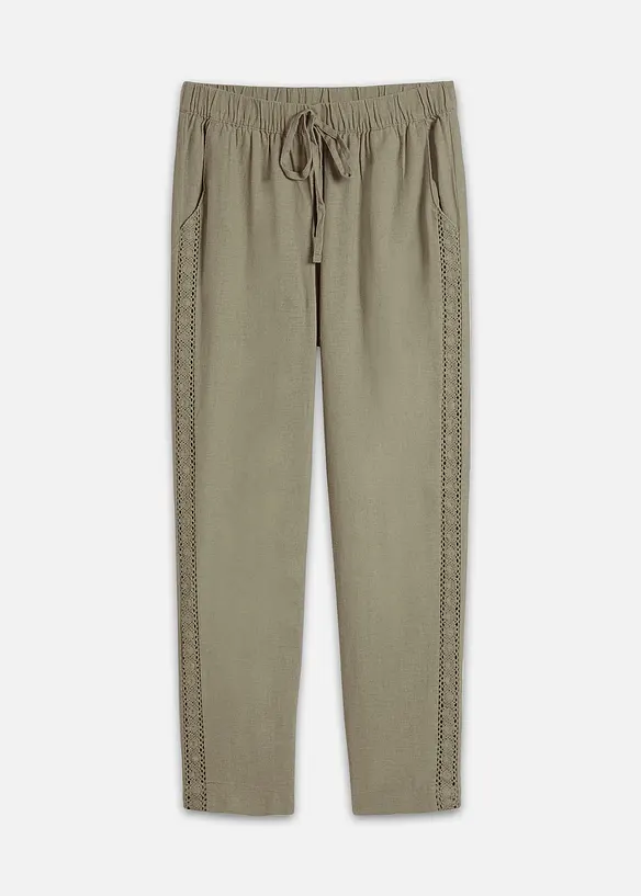 Pantalon en lin majoritaire avec empiècement de dentelle sur le côté, longueur cheville, bonprix