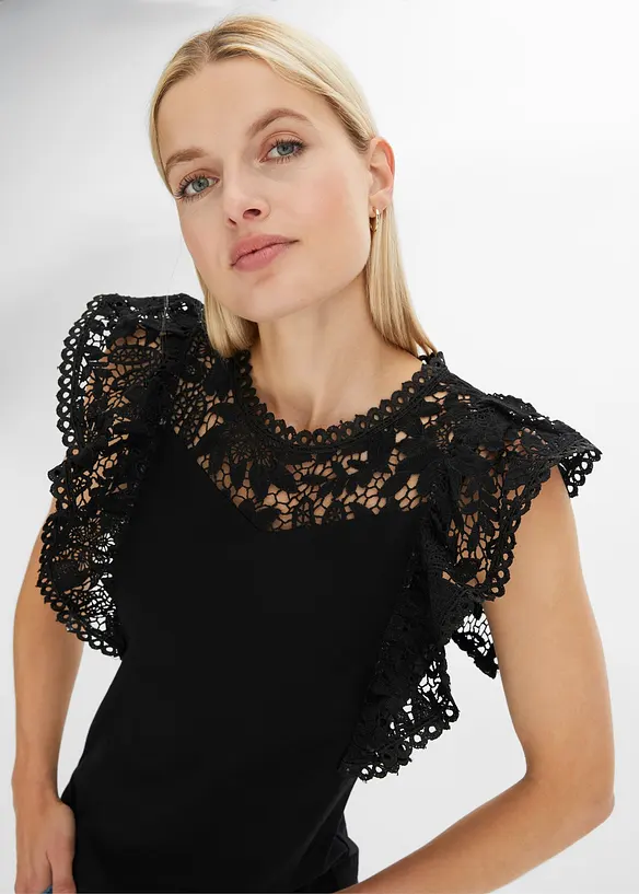 T-shirt &agrave; dentelle et volants, bonprix