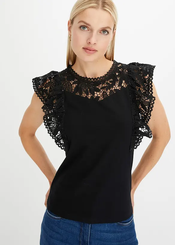 T-shirt &agrave; dentelle et volants, bonprix