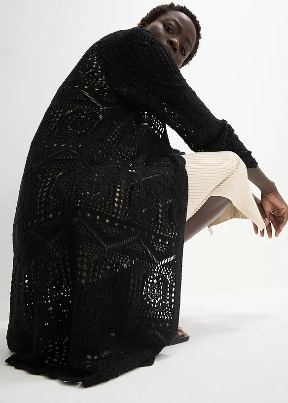 Gilet long en maille ajourée, bonprix