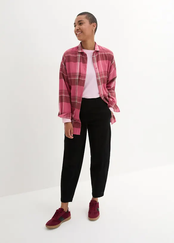 Pantalon barrel en twill à taille haute élastiquée et coutures décalées sur le devant, bonprix