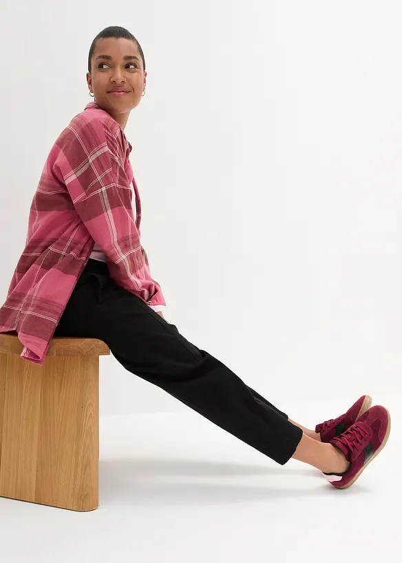 Pantalon barrel en twill à taille haute élastiquée et coutures décalées sur le devant, bonprix