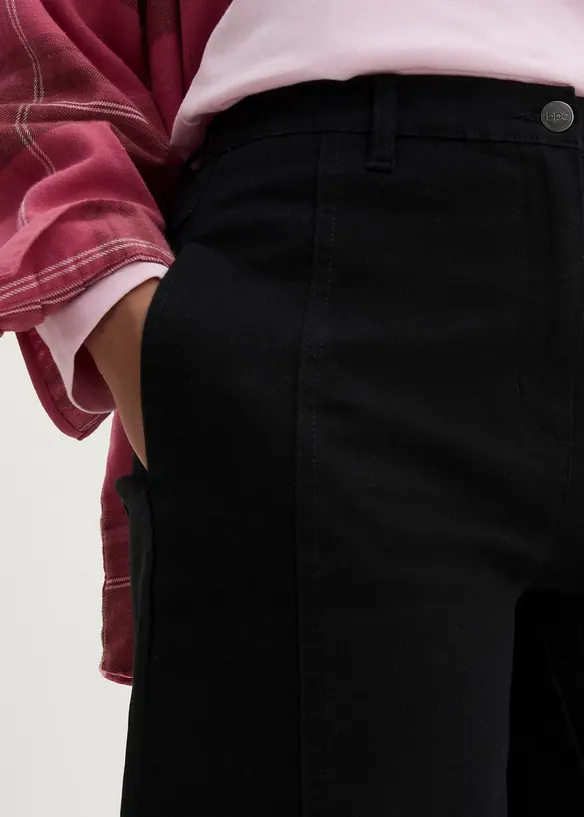 Pantalon barrel en twill à taille haute élastiquée et coutures décalées sur le devant, bonprix