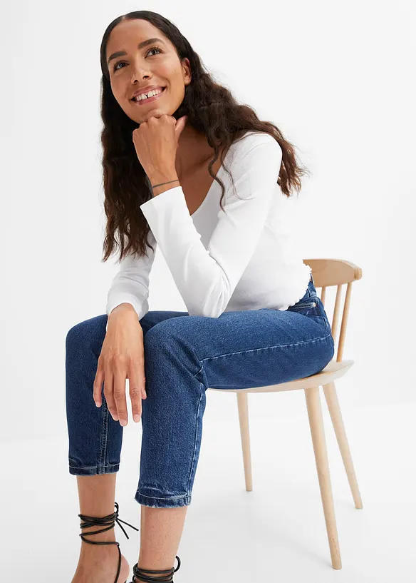 Jean mom taille haute, peu extensible, cropped, bonprix