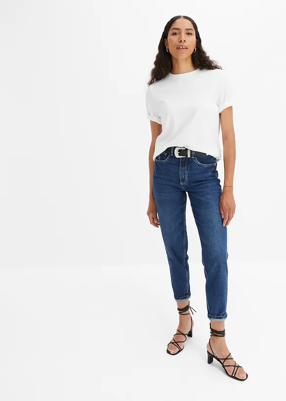 Jean mom taille haute, peu extensible, cropped, bonprix