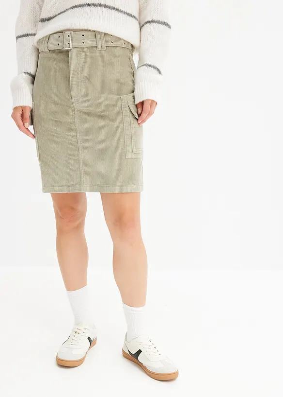 Jupe cargo courte en velours c&ocirc;tel&eacute; avec ceinture, bonprix