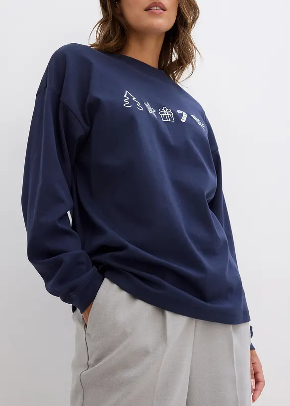 T-shirt manches longues oversize &agrave; motifs de No&euml;l brod&eacute;s, bonprix