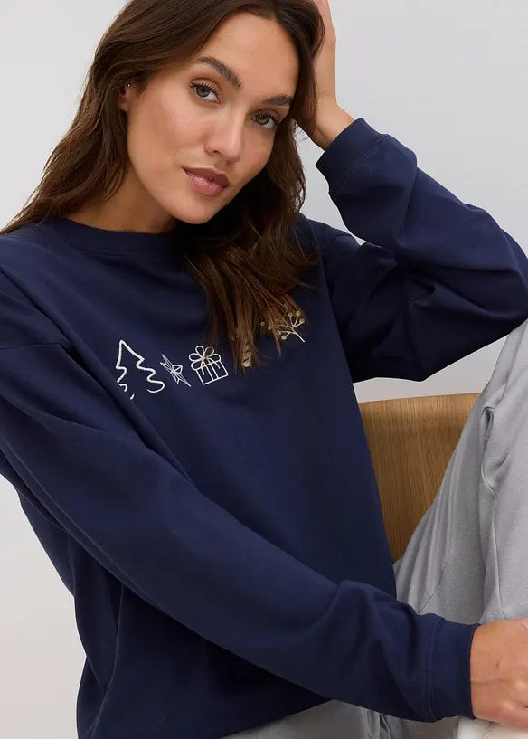 T-shirt manches longues oversize &agrave; motifs de No&euml;l brod&eacute;s, bonprix