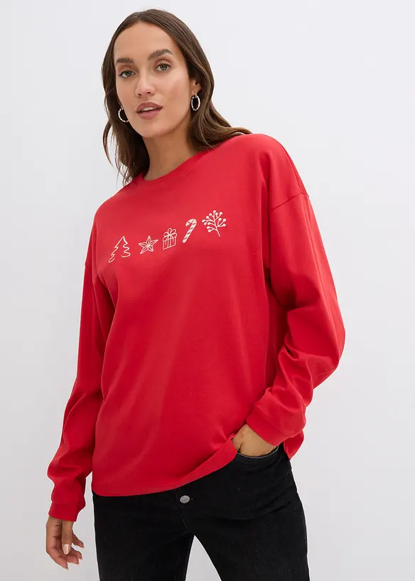 T-shirt manches longues oversize à motifs de Noël brodés, bonprix
