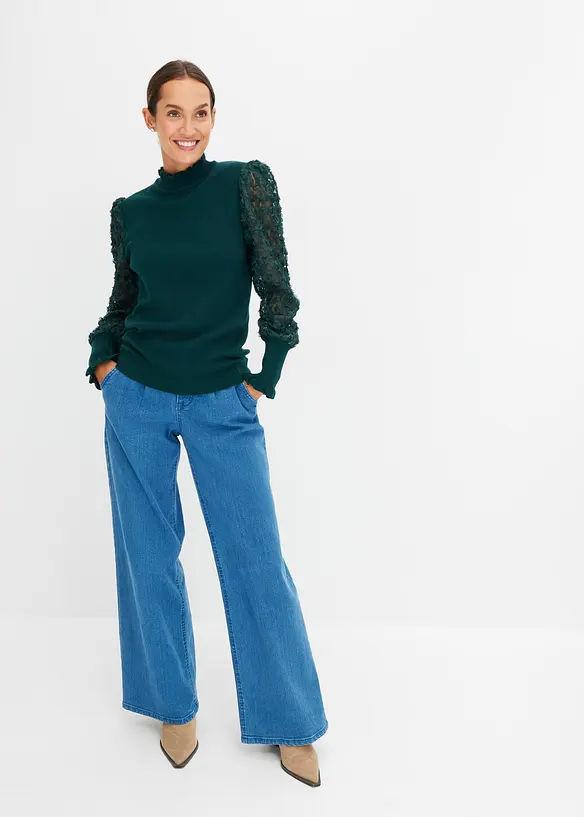 Pull col roulé avec manches en mousseline, bonprix