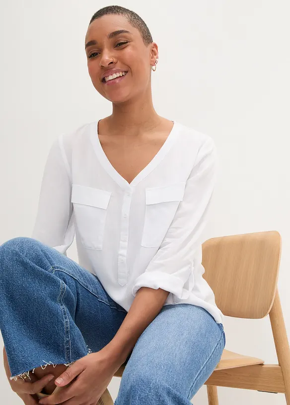 Blouse fluide &agrave; col en V et manches longues, bonprix