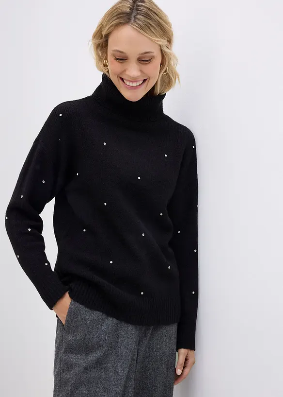 Pull col roulé avec strass, bonprix