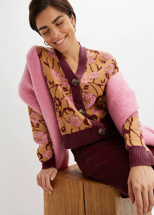 Gilet en grosse maille à motif floral, bonprix