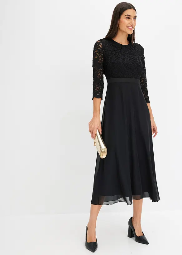 Robe midi en mousseline légère avec haut en dentelle, bonprix