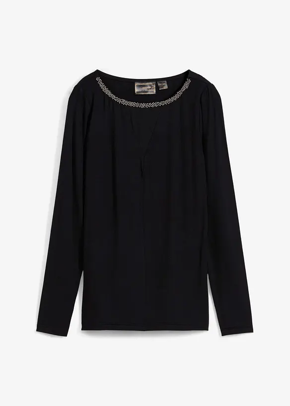 T-shirt manches longues avec empiècement mesh et strass, bonprix
