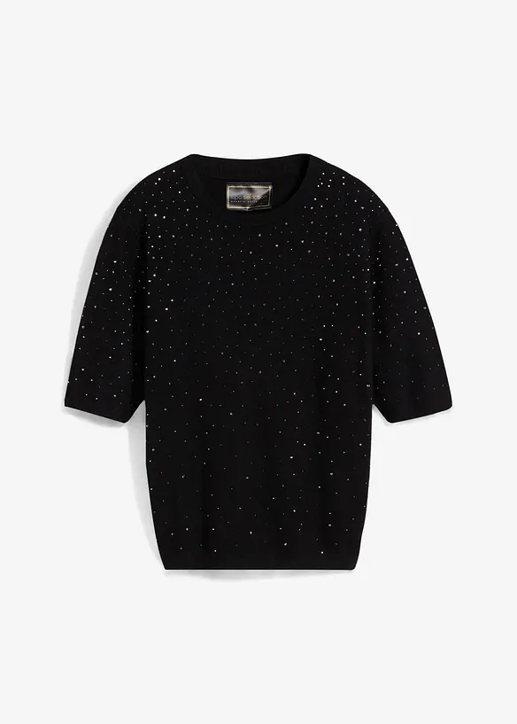 Pull manches coudes en fine maille avec strass, bonprix