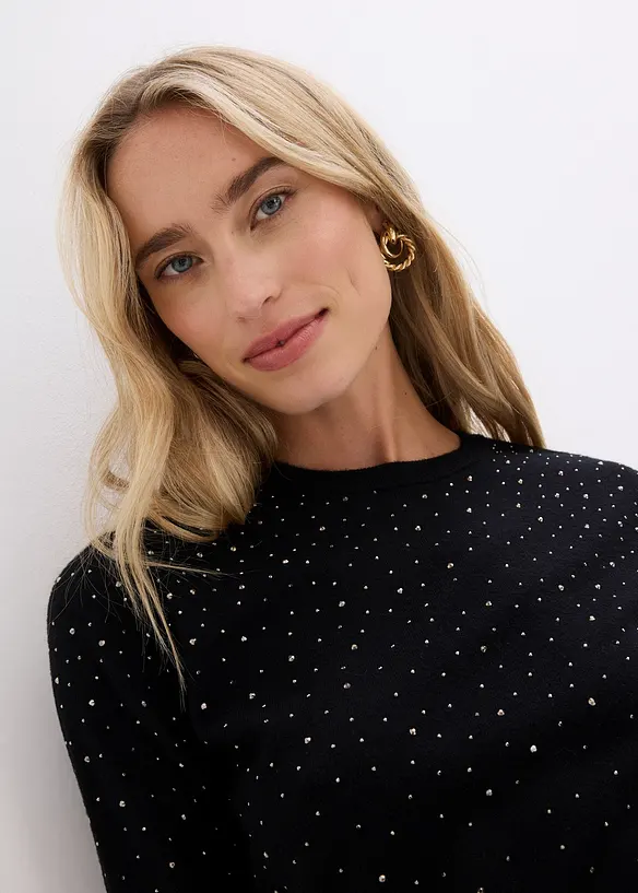 Pull manches coudes en fine maille avec strass, bonprix