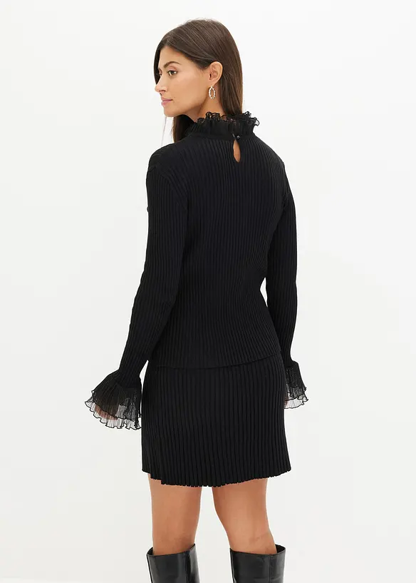 T-shirt manches longues en fine maille avec volants en mousseline, bonprix