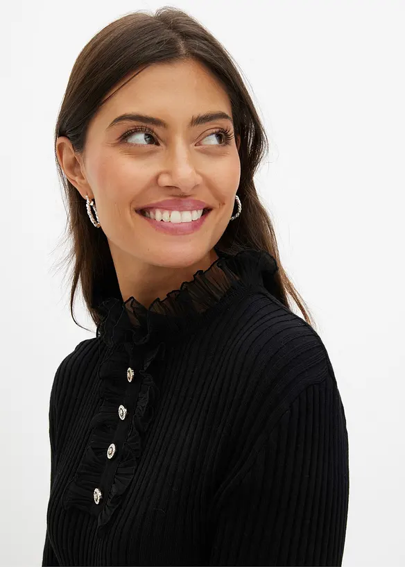 T-shirt manches longues en fine maille avec volants en mousseline, bonprix