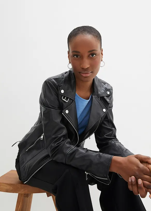 Veste biker en cuir nappa d&rsquo;agneau, bonprix