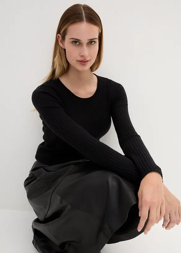 Pull côtelé en laine mérinos, bonprix