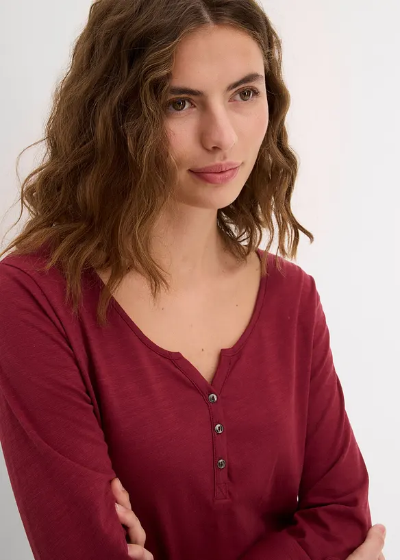 T-shirt manches longues à col boutonné, 100% coton, bonprix