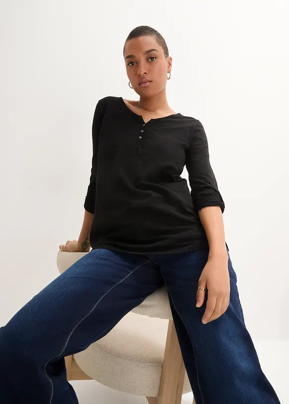 T-shirt manches longues à col boutonné, 100% coton, bonprix