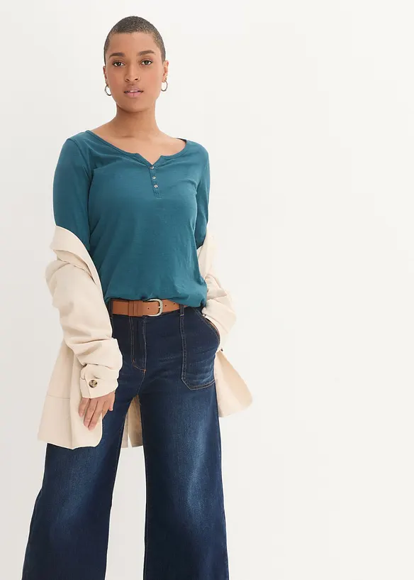 T-shirt manches longues à col boutonné, 100% coton, bonprix