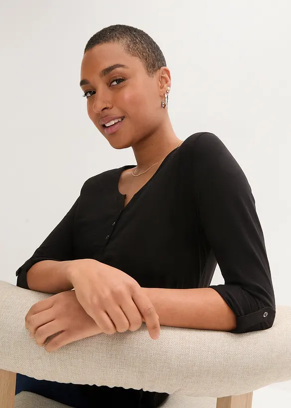 T-shirt manches longues à col boutonné, 100% coton, bonprix