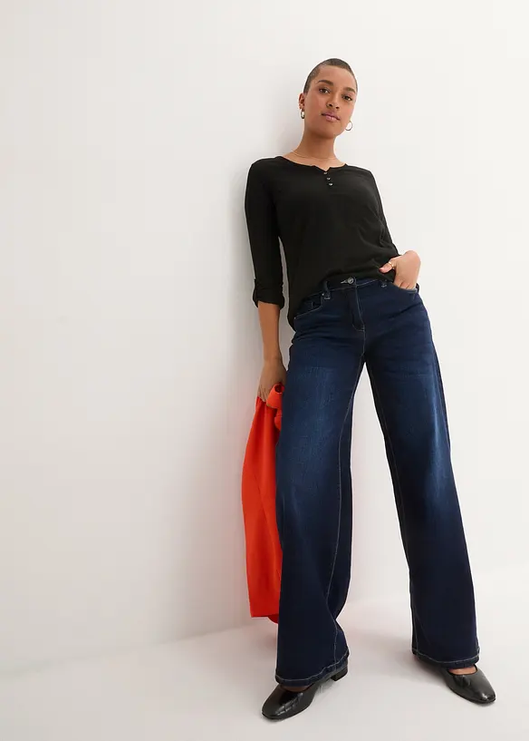 T-shirt manches longues à col boutonné, 100% coton, bonprix