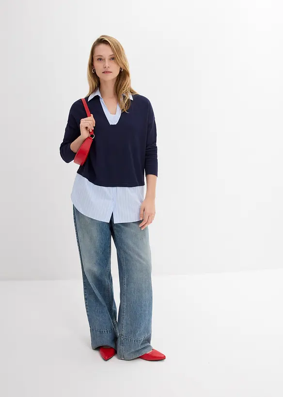 Pull en fine maille empiècement chemisier, bonprix