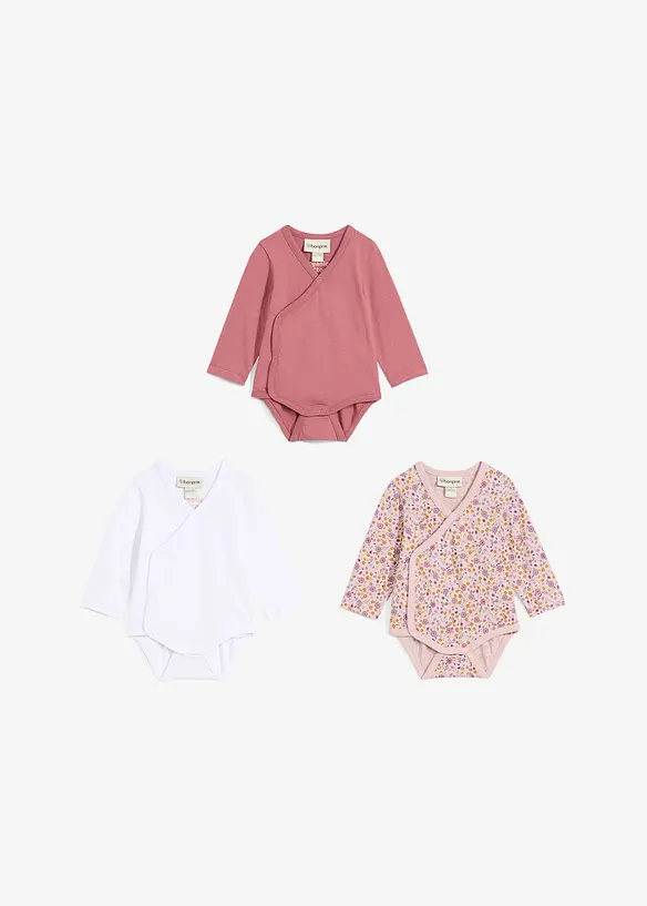 Lot de 3 bodys bébé style portefeuille, manches longues, bonprix