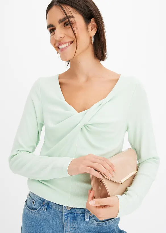 T-shirt manches longues c&ocirc;tel&eacute; avec d&eacute;tail nou&eacute;, bonprix