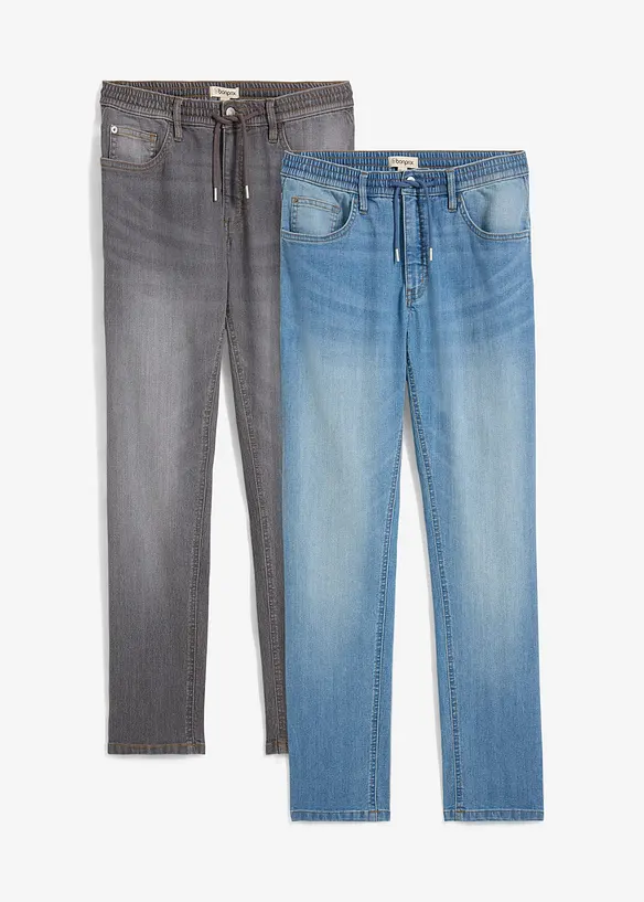 Lot de 2 jeans droits extensibles regular &agrave; taille &eacute;lastiqu&eacute;e, bonprix