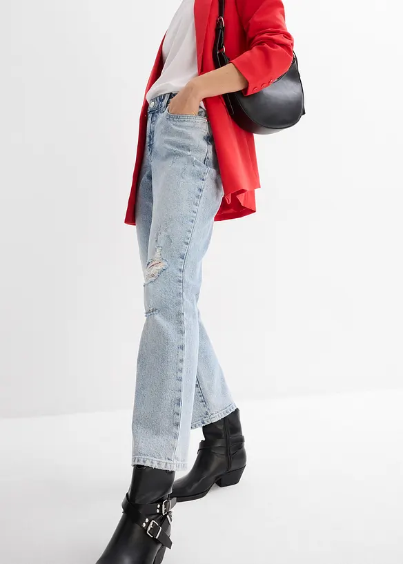 Jean droit cropped taille mi-haute &eacute;lastiqu&eacute;e, peu extensible, bonprix