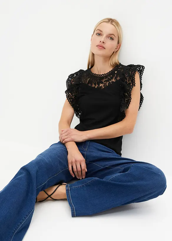 T-shirt &agrave; dentelle et volants, bonprix