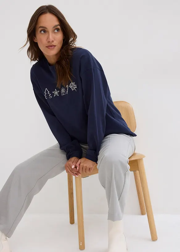 T-shirt manches longues oversize &agrave; motifs de No&euml;l brod&eacute;s, bonprix