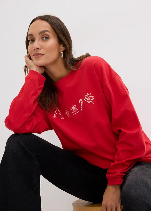 T-shirt manches longues oversize à motifs de Noël brodés, bonprix