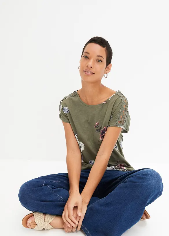 T-shirt imprimé avec dentelle, bonprix