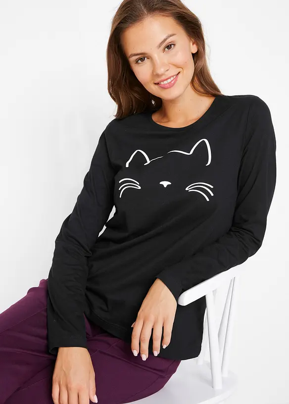T-shirt manches longues à imprimé chat, bonprix