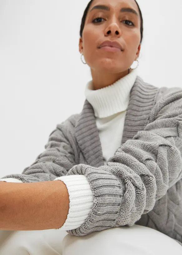 Gilet en maille à col châle et motif torsadé, bonprix