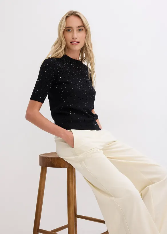 Pull manches coudes en fine maille avec strass, bonprix