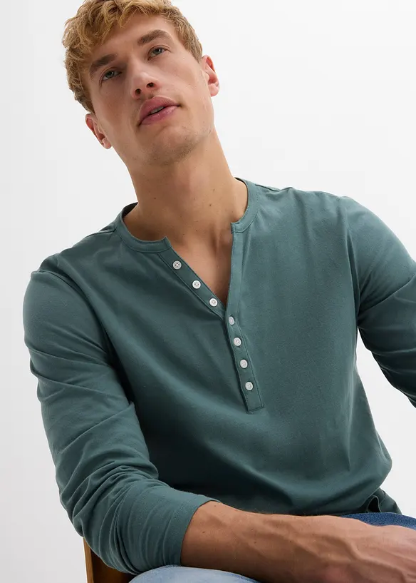 T-shirt manches longues col tunisien 100% coton, Slim Fit, bonprix