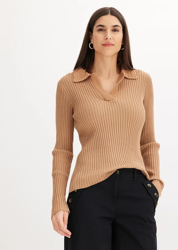 Pull en fine maille à col polo contrastant, bonprix