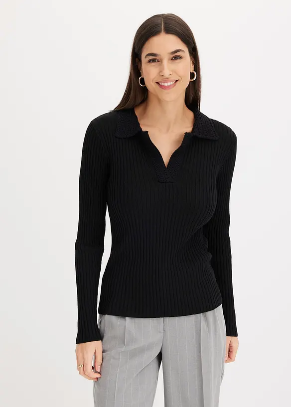 Pull en fine maille à col polo contrastant, bonprix