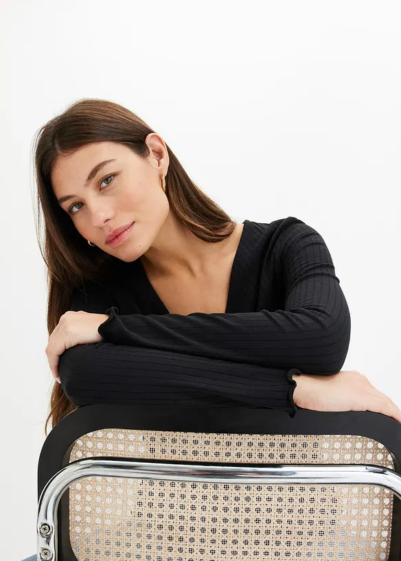 T-shirt côtelé à col en V, bonprix