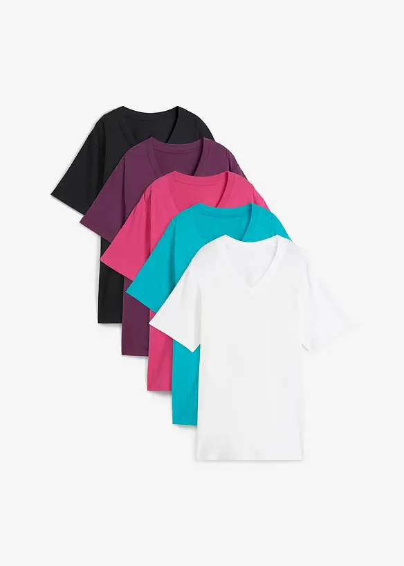 Lot de 5 T-shirts longs et amples &agrave; col V, bonprix